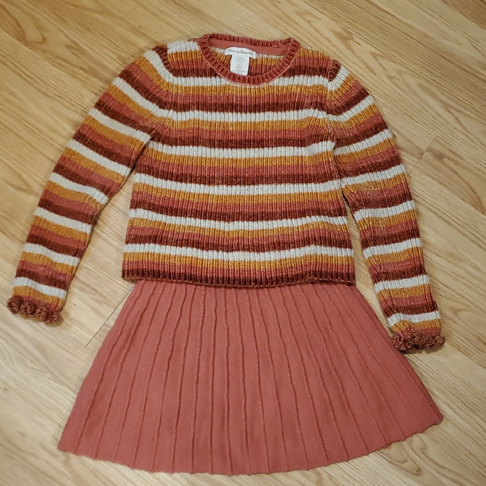 Tommy Bahama Kids' Chenile Striped Sweater and Knit Skirt Set - Red Orange M 7/8